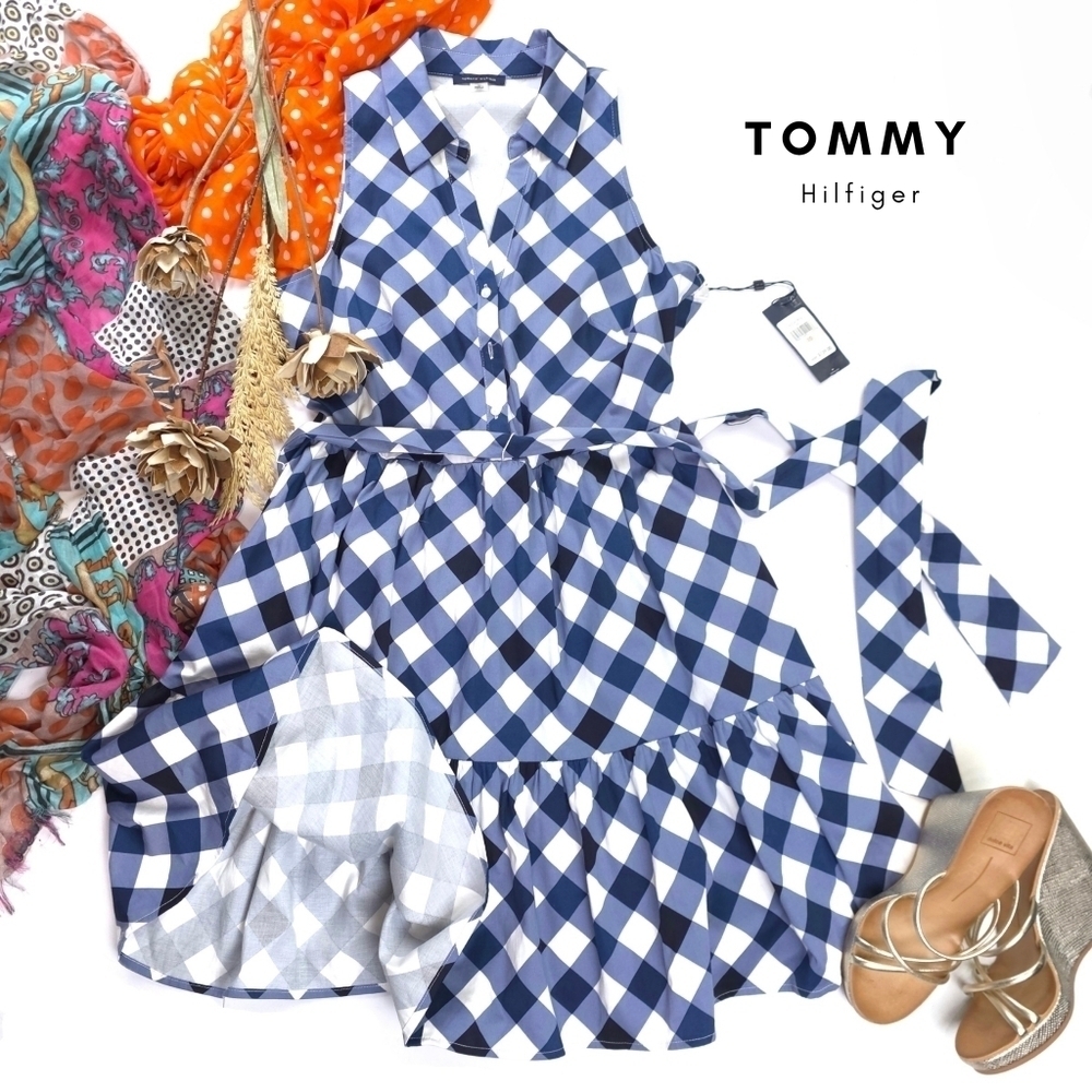 New Tommy Hilfiger Blue and White Dress Cotton With Pockets Sz 10